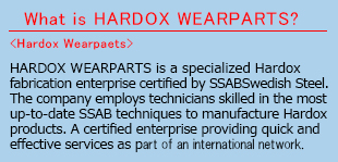 What is HARDOX WEARPARTS?？＜Hardox Wearparts＞　HARDOX WEARPARTS is a specialized Hardox fabrication enterprise certified by SSAB Swedish Steel. The company employs technicians skilled in the most up-to-date SSAB techniques to manufacture Hardox products. A certified enterprise providing quick and effective services as part of an international network.