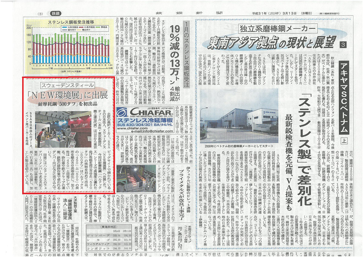 鉄鋼新聞のスウェーデンスティール掲載記事(NEW環境展出展関連)のなかに,ウェアパーツ・サプライヤーとして当社が紹介されました。