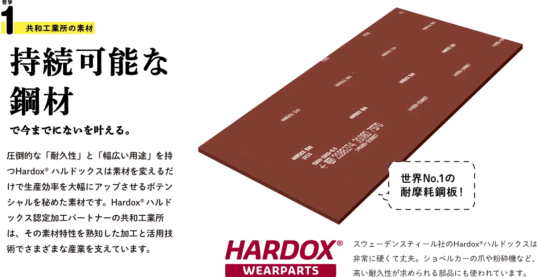 哲学1 共和工業所の素材 持続可能な鋼材で今までにないを叶える。圧倒的な「耐久性」と「幅広い用途」を持つHardox® ハルドックスは素材を変えるだけで生産効率を大幅にアップさせるポテンシャルを秘めた素材です。Hardox® ハルドックス認定加工パートナーの共和工業所は、その素材特性を熟知した加工と活用技術でさまざまな産業を支えています。HARDOX WEARPARTS スウェーデンスティール社のHardox®ハルドックスは非常に硬くて丈夫。ショベルカーの爪や粉砕機など、高い耐久性が求められる部品にも使われています。