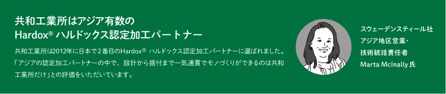 共和工業所はアジア有数のHardox®ハルドックス認定加工パートナー 共和工業所は2012年に日本で2番目のHardox®ハルドックス認定加工パートナーに選ばれました。「アジアの認定加工パートナーの中で、設計から据付まで一気通貫でモノづくりができるのは共和工業所だけ」との評価をいただいています。スウェーデンスティール社 アジア地区営業・技術統括責任者 Marta Mclnally氏